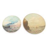 An early 20th century painted ceramic plate, depicting sailing boats on stormy seas, indistinctly