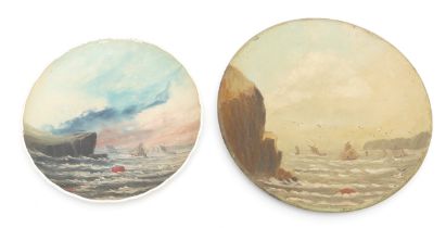 An early 20th century painted ceramic plate, depicting sailing boats on stormy seas, indistinctly