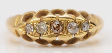 An antique 18ct gold and old cut diamond five stone ring, Birmingham 1913, K, 3gms, one stone a