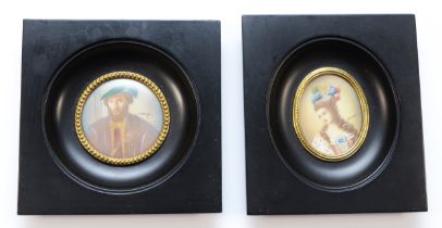 Two 19th Century style hand painted miniatures of a young lady and gentleman, mounted in square