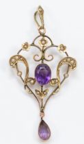 A Victorian 9ct gold amethyst and half pearl brooch pendant, stamped 9ct, 59mm, lacking pin, 3.5gm