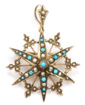 A 9ct gold turquoise and half pearl six ray star brooch/pendant, Birmingham 1915, one turquoise