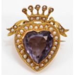A Victorian unmarked gold amethyst and half pearl crowned heart brooch, tests 9ct, probably