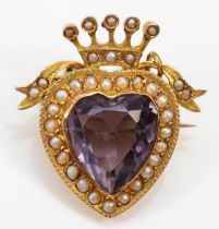 A Victorian unmarked gold amethyst and half pearl crowned heart brooch, tests 9ct, probably