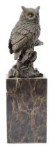 A bronze model of an owl, signed 'Milo' with foundry mark, upon a square polished marble column,