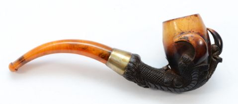 An Edwardian silver mounted carved Meerschaum pipe, Birmingham 1902, with claw bowl and amber