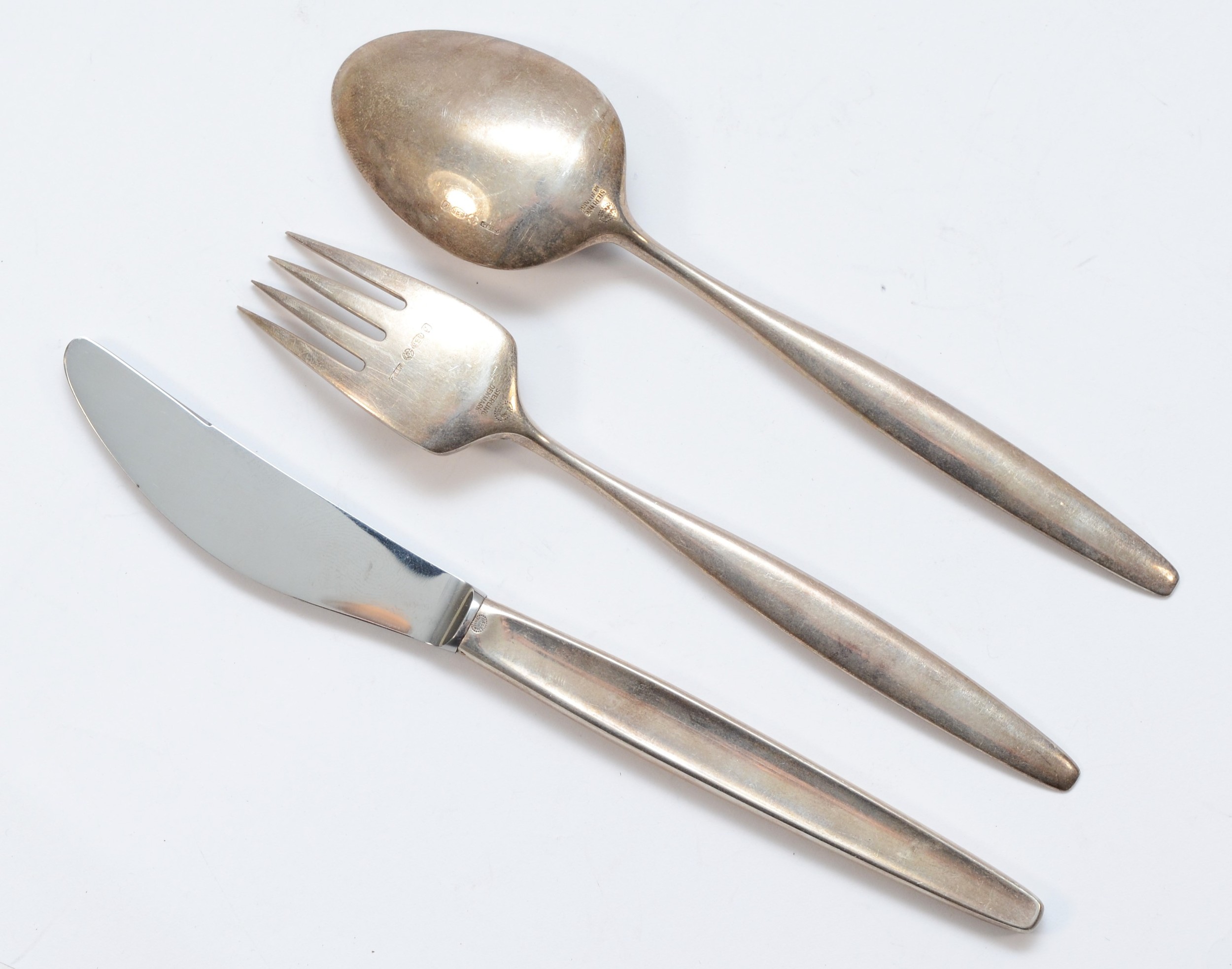 Georg Jensen, a silver three piece christening set, Jensen London import marks 1962, knife 17cm, - Image 3 of 3