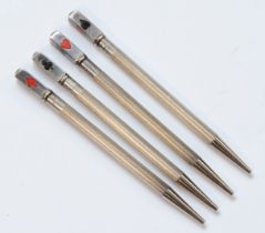 A Sterling Silver and enamel set of four playing card propelling pencils, 9cm, 24gm