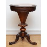 A Victorian burr walnut sewing table of trumpet form, the thumb moulded lid opening to a baize lined