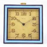 Asprey of London; Art Deco 8-day gilt-metal travelling clock, of square form having gilded dial with