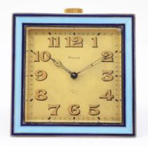 Asprey of London; Art Deco 8-day gilt-metal travelling clock, of square form having gilded dial with