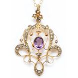 An Edwardian 9ct rose gold amethyst and half pearl openwork scroll pendant, 43mm, 9ct tab, later