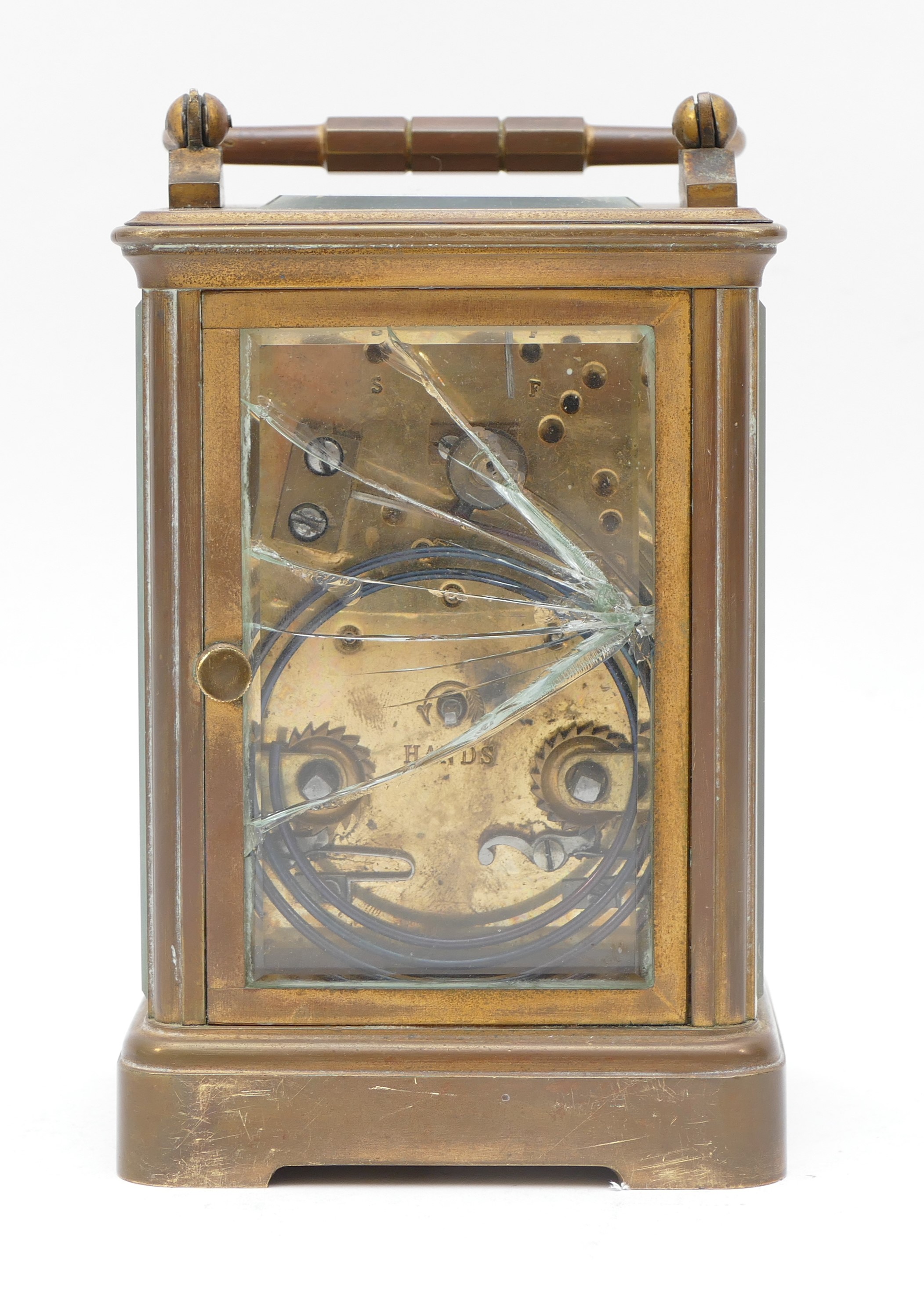 A 20th century gilt brass 8 day carriage, the enamelled white dial with Roman numerals, movement - Image 4 of 5