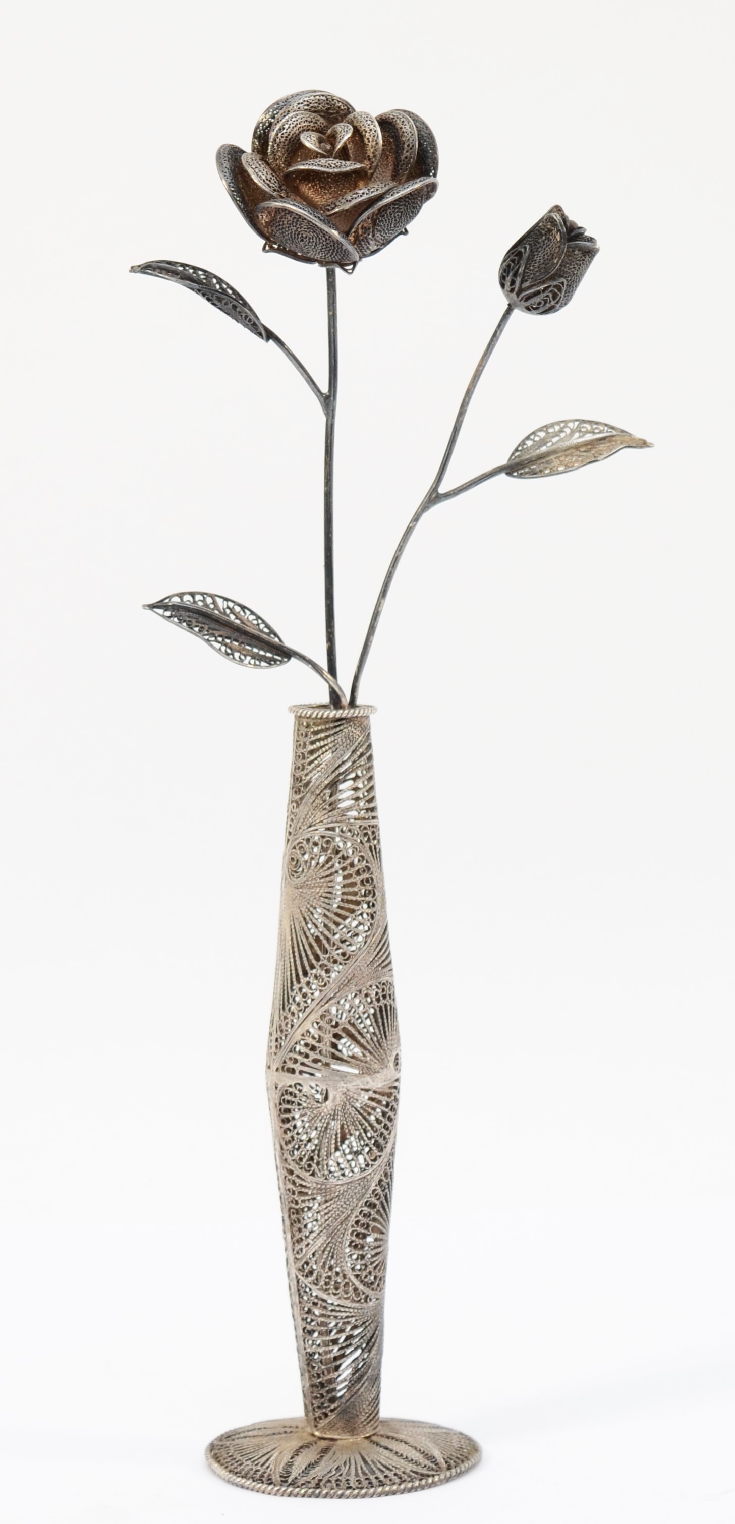 A 925 silver filigree rose and specimen vase, 26cm, 92gm