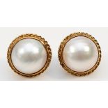 A pair of vintage 9ct gold Mabe pearl ear studs, Sheffield 1996, diameter16mm, 6.6gm
