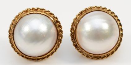 A pair of vintage 9ct gold Mabe pearl ear studs, Sheffield 1996, diameter16mm, 6.6gm