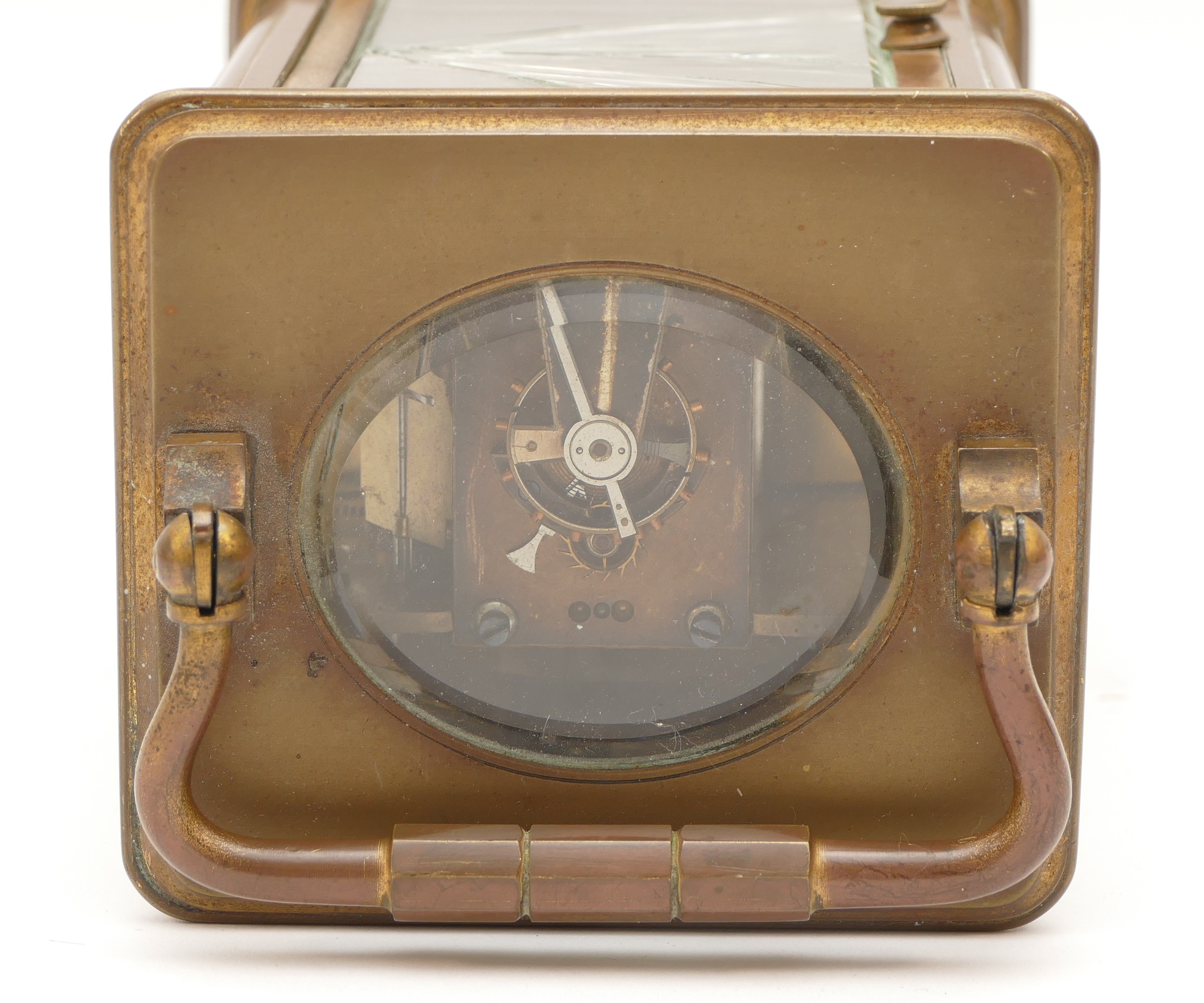 A 20th century gilt brass 8 day carriage, the enamelled white dial with Roman numerals, movement - Image 5 of 5