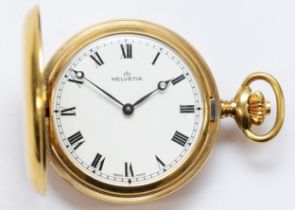 Helvetia, a gold plated keyless wind full hunter pocket watch, with Roman numerals, 17 jewel cal.