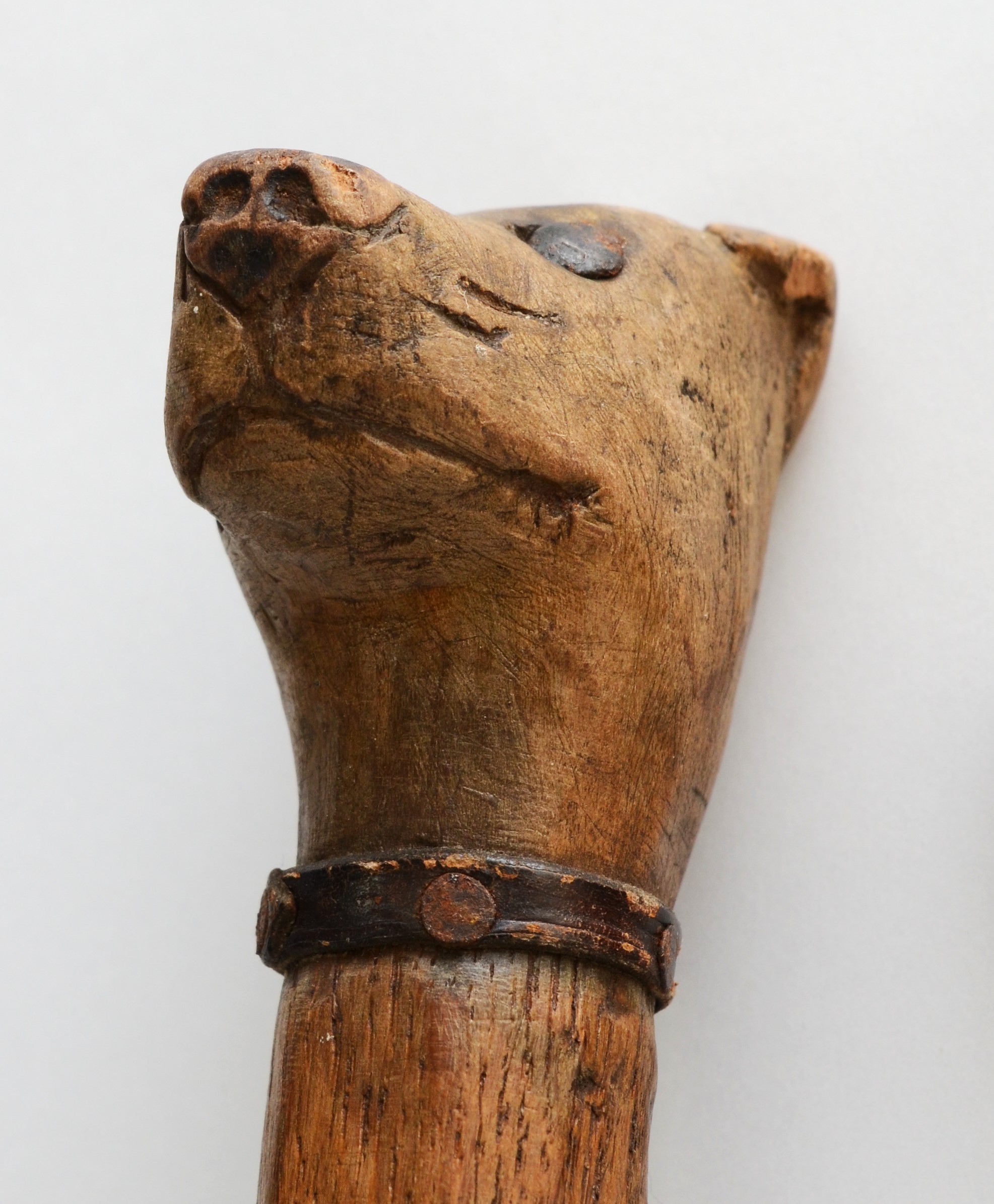 A late 19th century carved fruitwood walking stick, the carved dogs head terminal with glass bead - Image 4 of 6