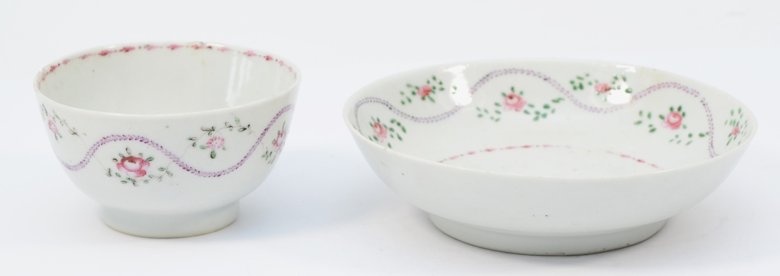 A 19th century Newhall tea bowl & saucer, having floral garland and sprig decoration. (2) - Image 2 of 7