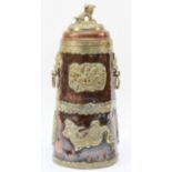 A Chinese copper and white metal storage jar, with applied dragon motif panels, dragon mask handles,