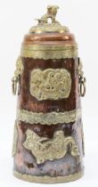 A Chinese copper and white metal storage jar, with applied dragon motif panels, dragon mask handles,