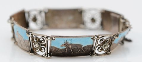 A Swedish 830 standard silver and enamel panel link bracelet, composed of six panels with