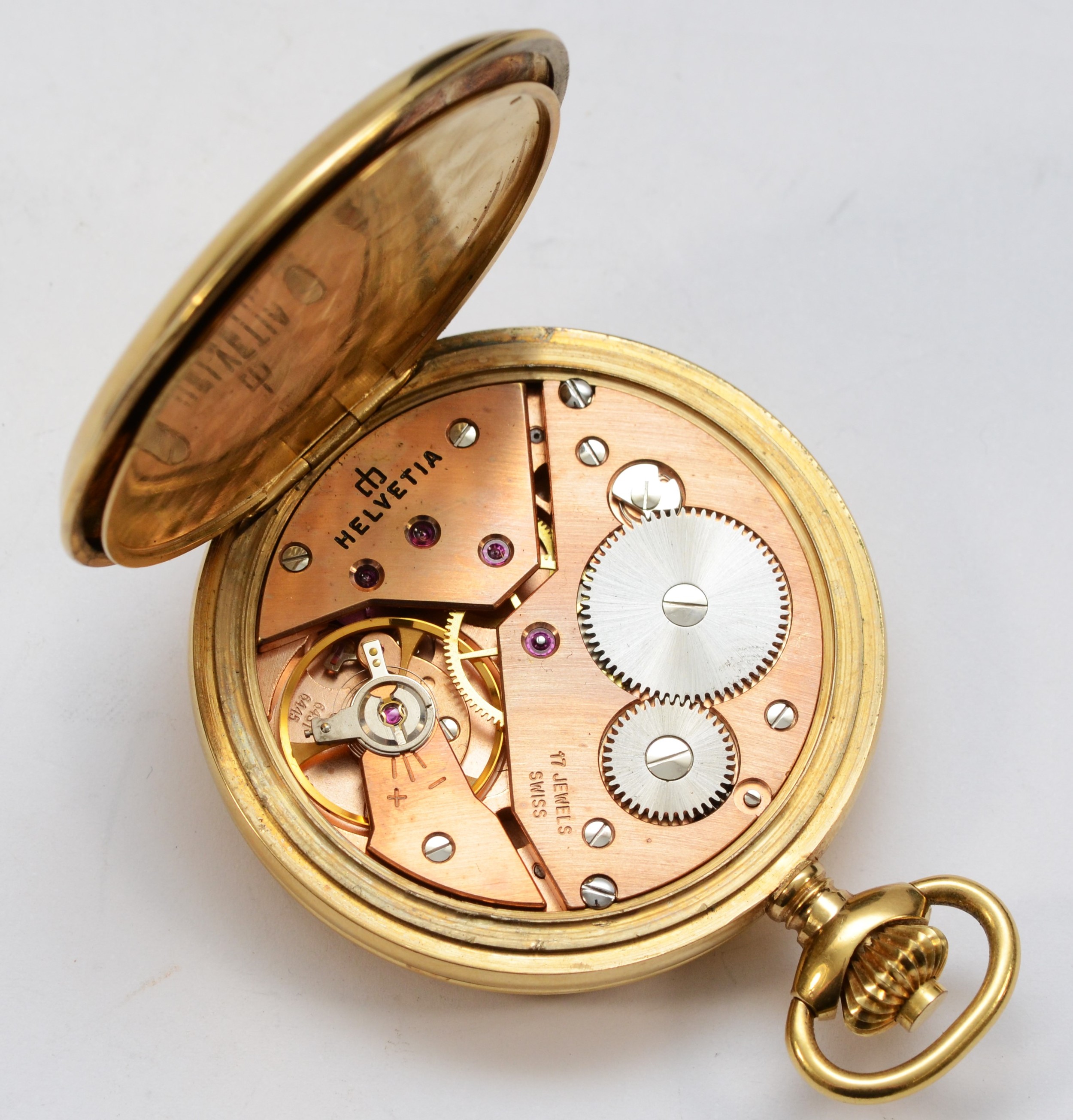 Helvetia, a gold plated keyless wind full hunter pocket watch, with Roman numerals, 17 jewel cal. - Image 2 of 4