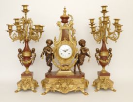 A late 20th century Franz Hermle 'Imperial' clock garniture, the signed two train 8 day movement