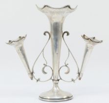 A silver epergne, Birmingham 1913, with three pierced tapering vases, 26cm, loaded.