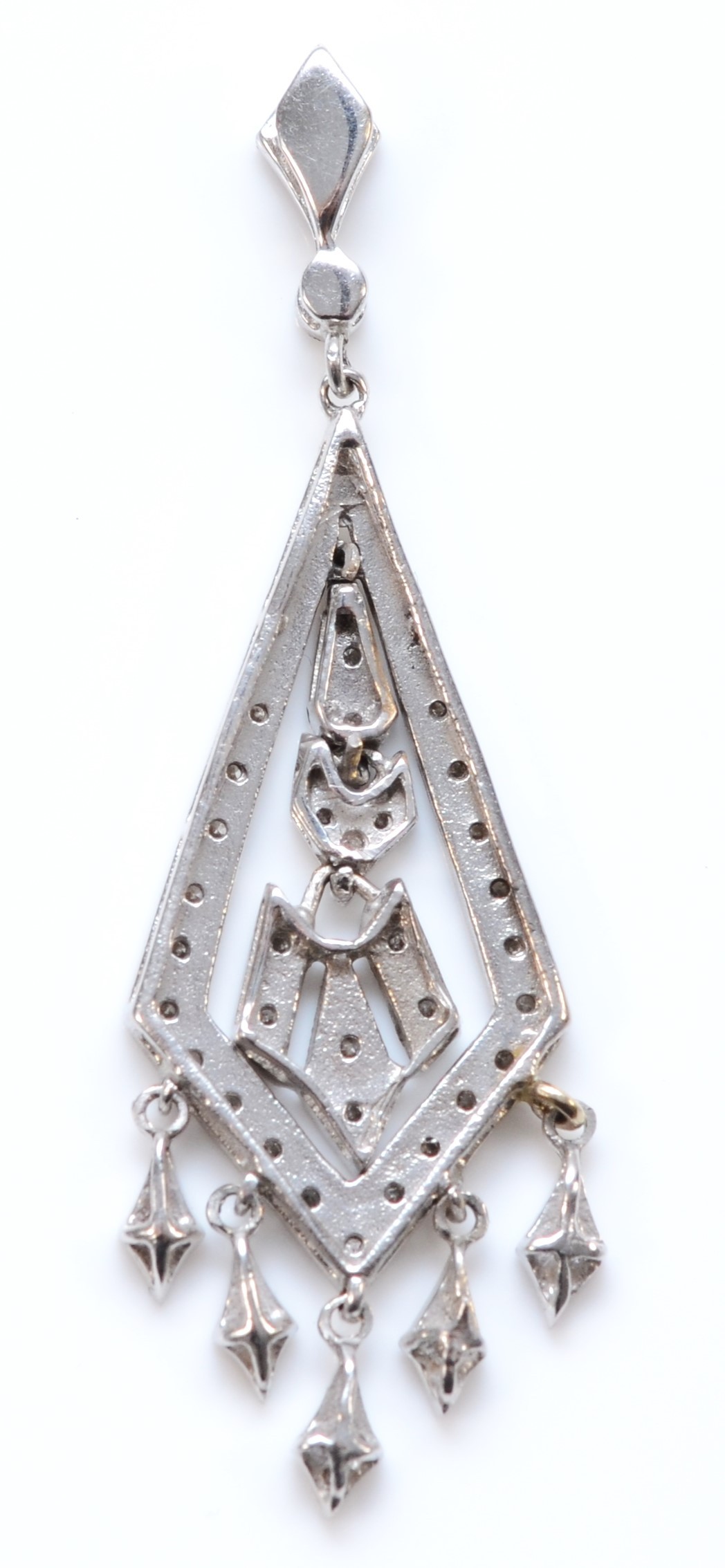 An unmarked 18K gold and diamond Art Deco style pendant, set with brilliant cut stones, 44mm, 3.3gm. - Image 2 of 2