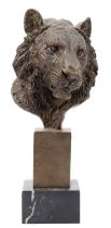 A bronze sculpture of a lions head, signed 'P.J.Mene', later casting upon a square polished marble