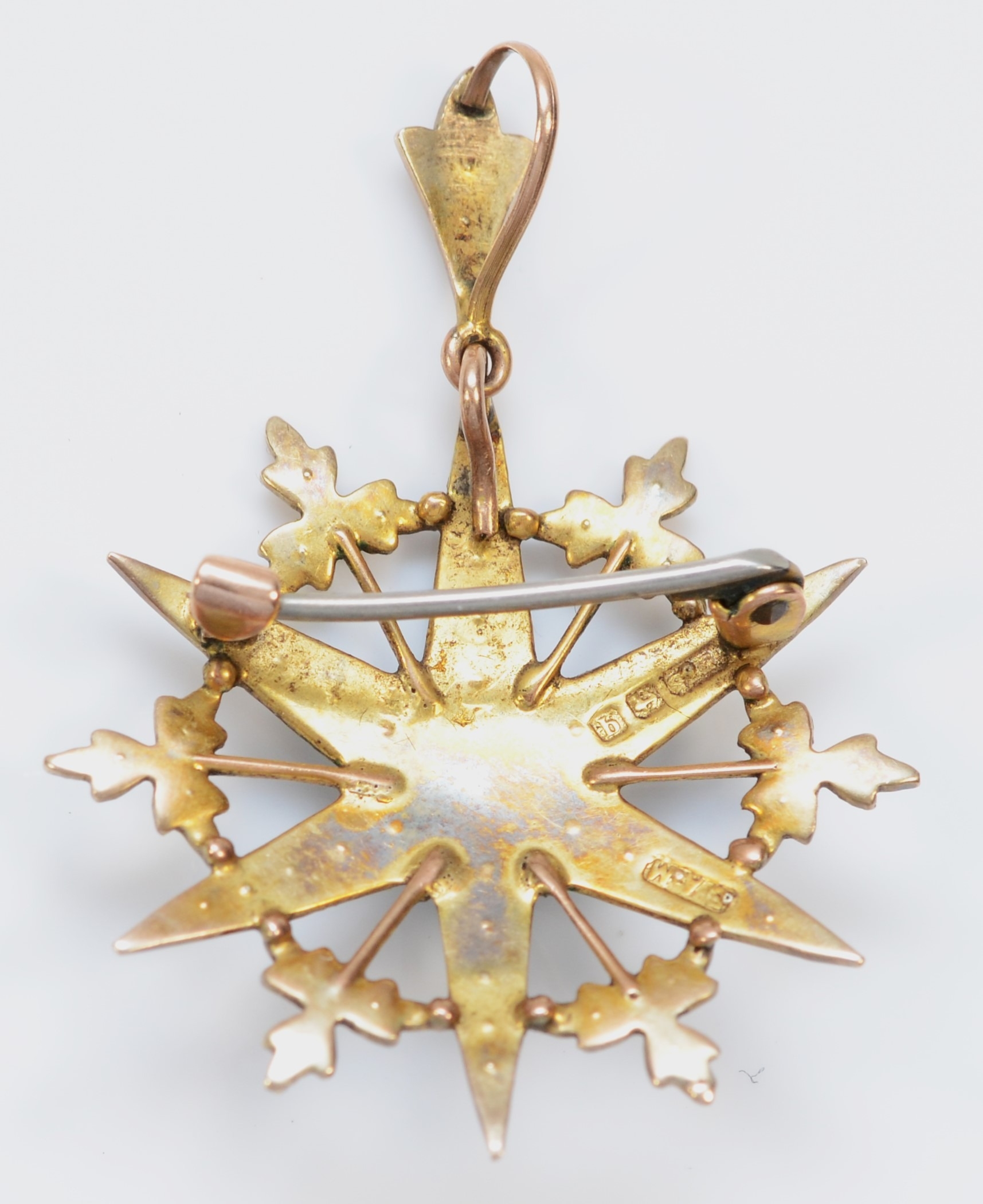 A 9ct gold turquoise and half pearl six ray star brooch/pendant, Birmingham 1915, one turquoise - Image 2 of 2