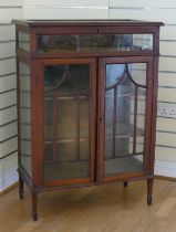 Edwardian inlaid mahogany glass bijouterie display cabinet, the rectangular glazed top with banded