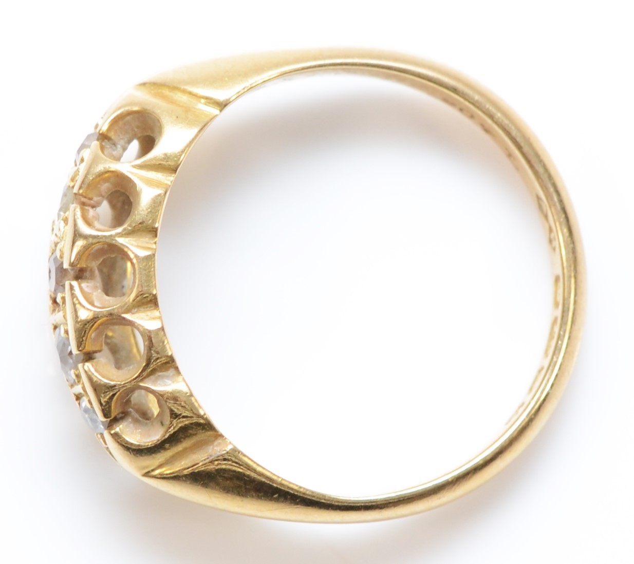 An antique 18ct gold and old cut diamond five stone ring, Birmingham 1913, K, 3gms, one stone a - Image 2 of 2