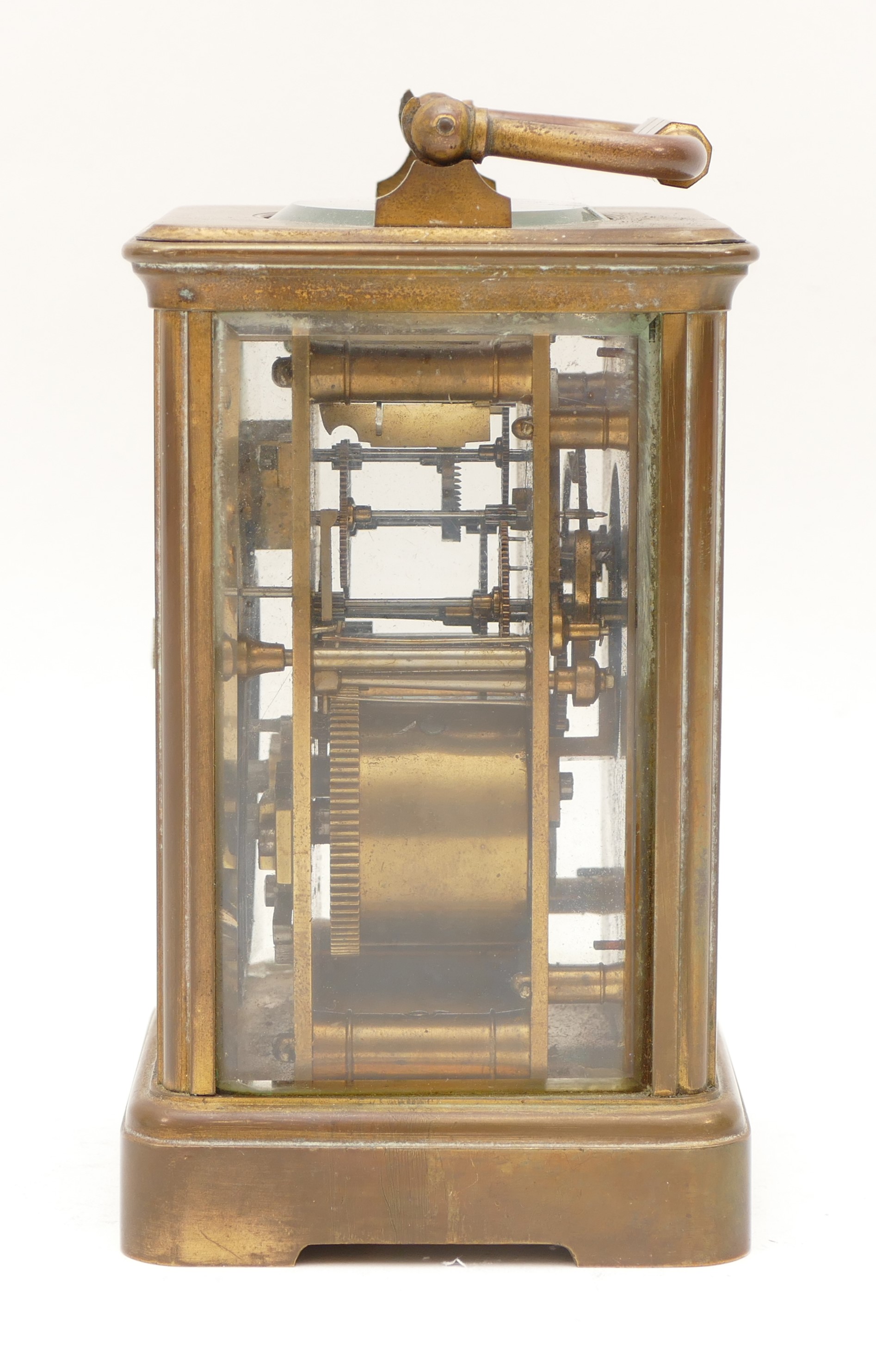 A 20th century gilt brass 8 day carriage, the enamelled white dial with Roman numerals, movement - Image 3 of 5