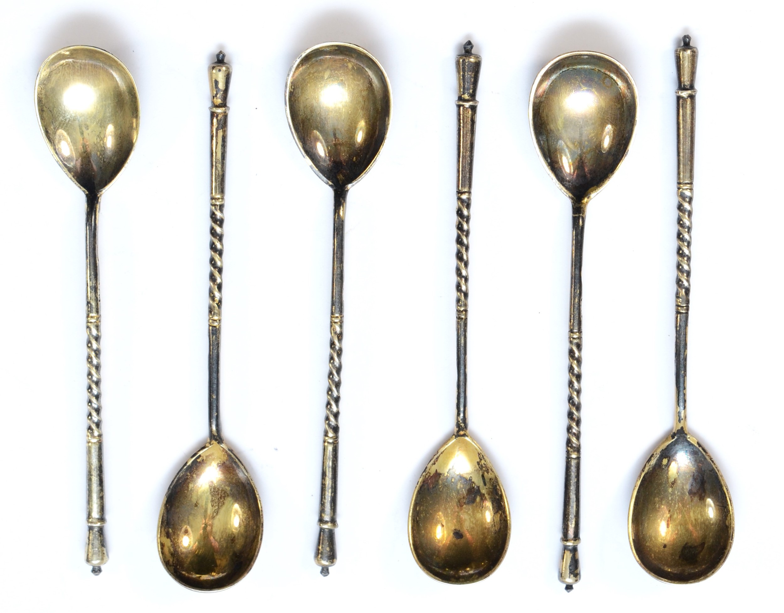 A Russian silver gilt and niello set of six lemon tea spoons, by Stepan Levin, Moscow c.1900, 84 - Image 5 of 6