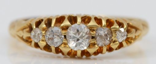 A Victorian 18ct gold and diamond five stone ring, Birmingham 1898, claw set with graduated old