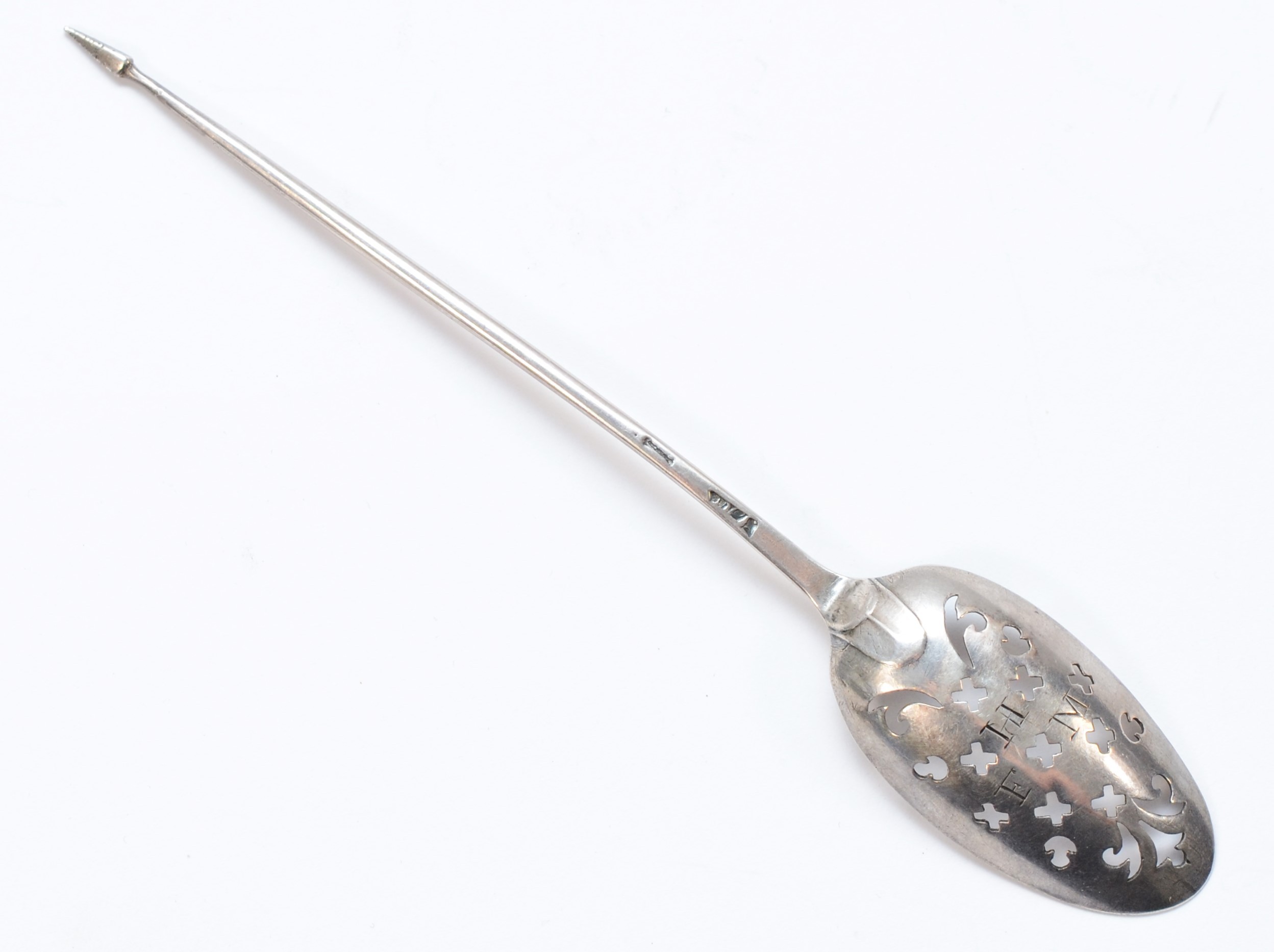 An 18th century silver mote spoon, makers mark and lion passant, both squashed, bottom marked, - Image 2 of 4