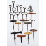 A collection of early 20th century and later corkscrews/bottle openers, including T-handle