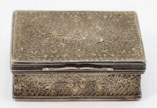 An 18/19th century silver and filigree snuff box, unmarked, hinged lid, 6 x 4.5 x 2cm, 82gm