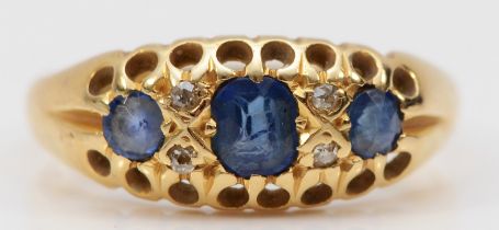 An Edwardian 18ct gold sapphire and old cut diamond ring, L, 2.5, makers mark only, the remainder