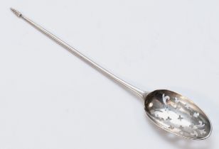 An 18th century silver mote spoon, makers mark and lion passant, both squashed, bottom marked,
