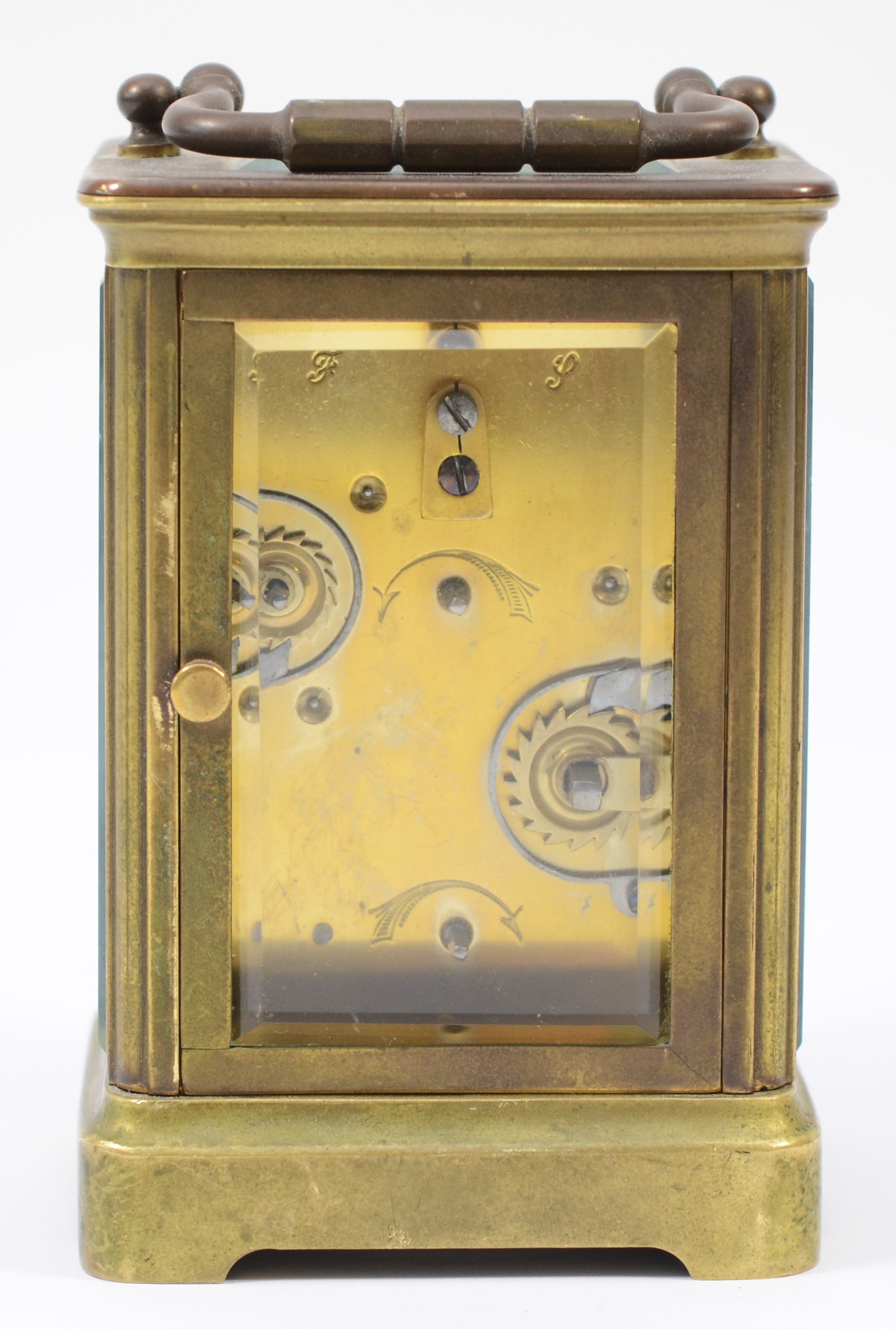 An early 20th century gilt brass French carriage clock, having platform escapement and alarm, the - Image 3 of 5