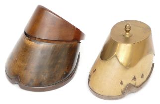 An early 20th century brass mounted horse hoof inkwell, together with a mahogany mounted
