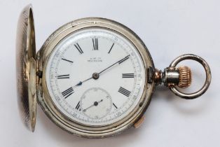 Waltham, a Sterling Silver keyless wind full hunter pocket watch, c. 1880, white enamel dial with