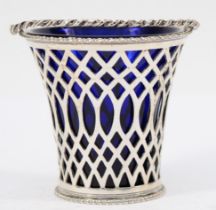 A George III silver and glass sugar basket, makers mark poorly struck, London 1771, with pierced