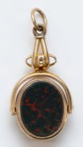 A Victorian 9ct gold bloodstone and banded onyx swil seal, by J.M, 30mm, 4.8gm