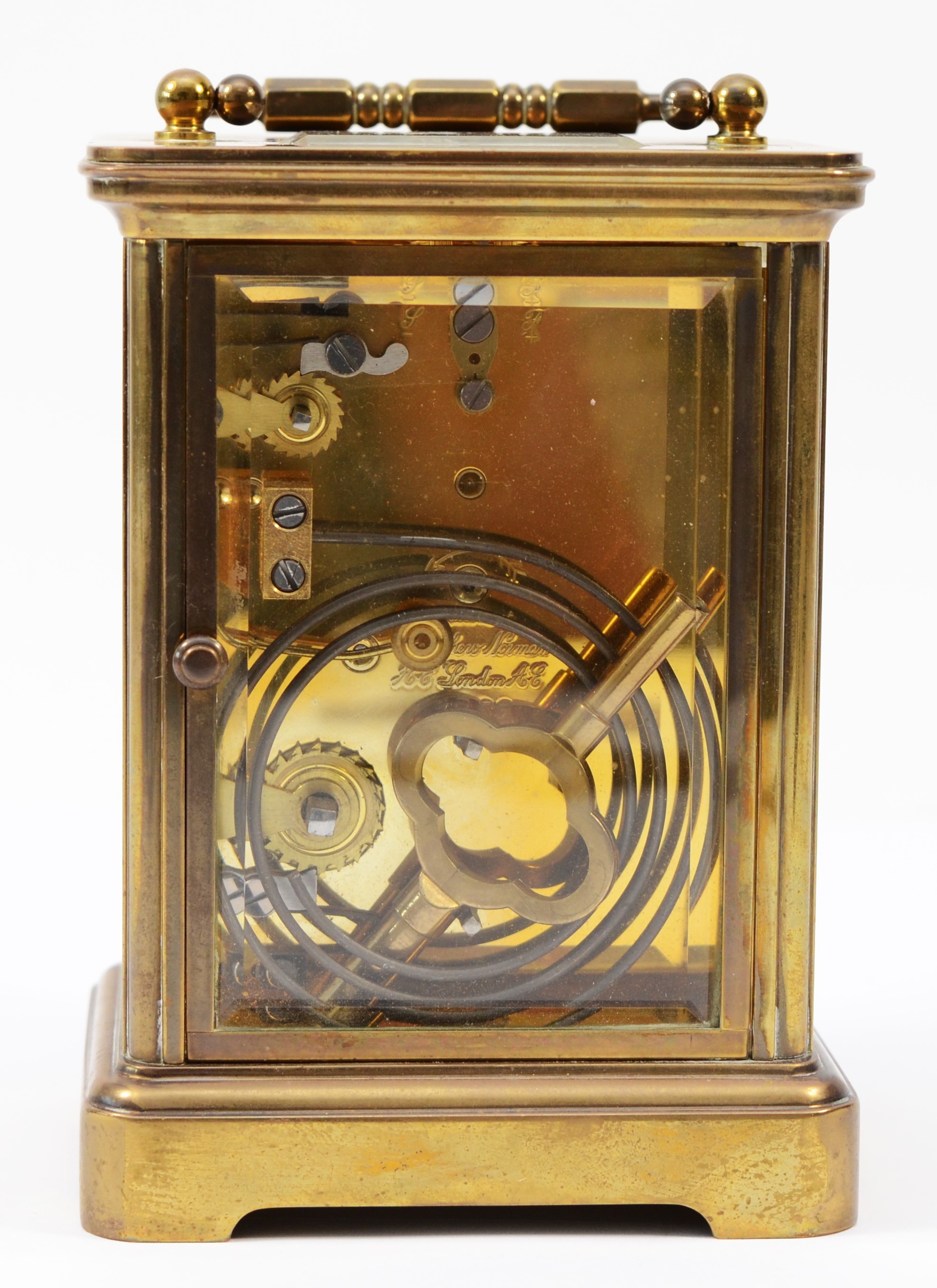 A 20th century Matthew Norman brass case carriage clock, having enamelled white dial with Roman - Image 3 of 5