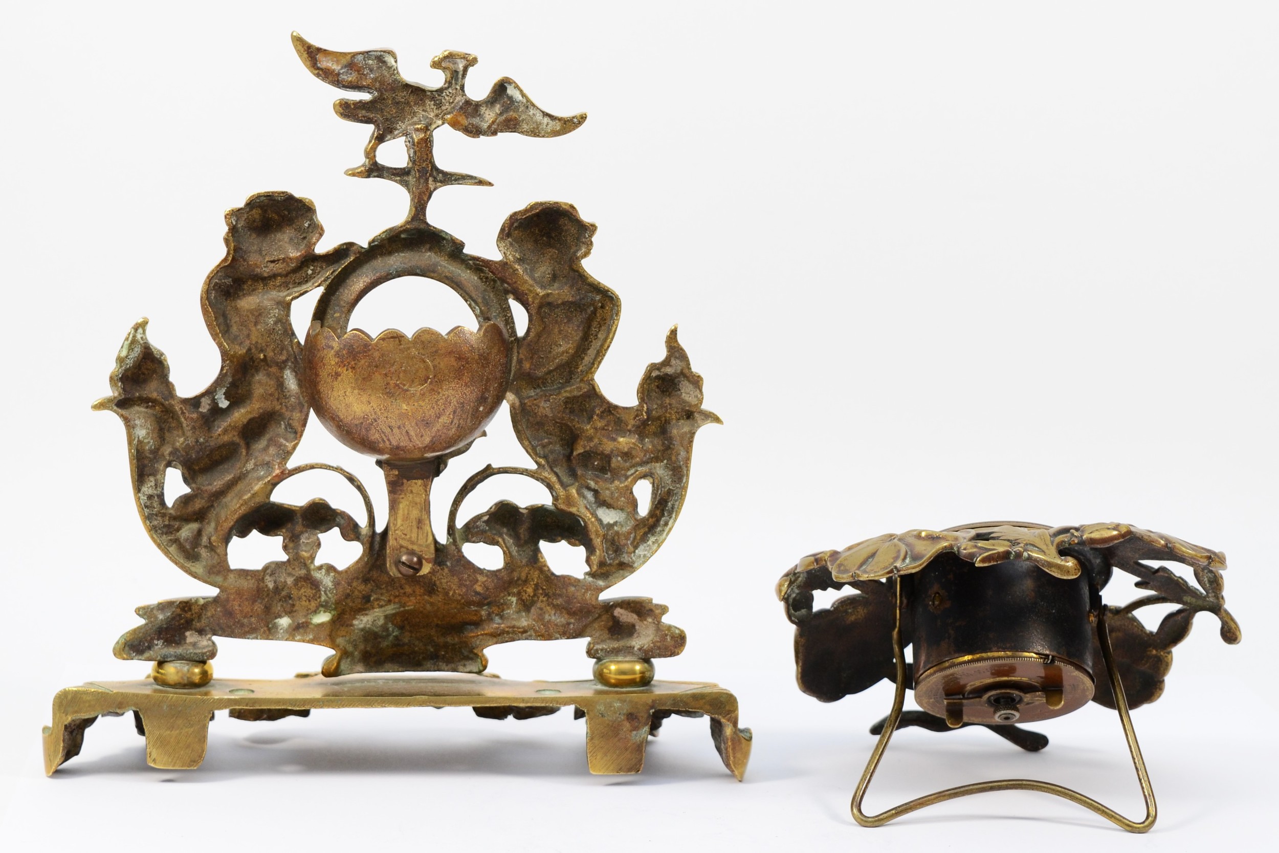 A late 19th Century brass desk top pocket watch stand, comprising of laurel wreath with scrolls - Image 3 of 3